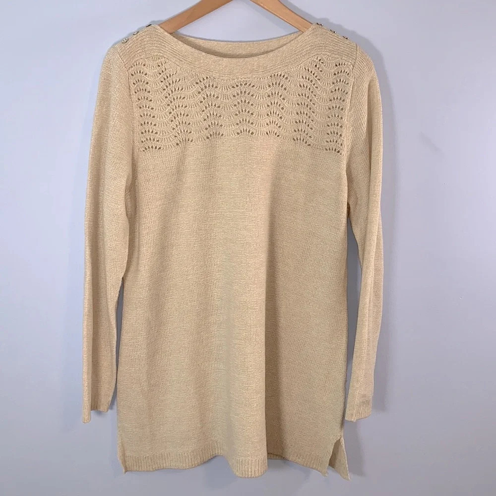 Croft & barrow size lrg tan oatmeal open work knit sweater boat scoop neck long
